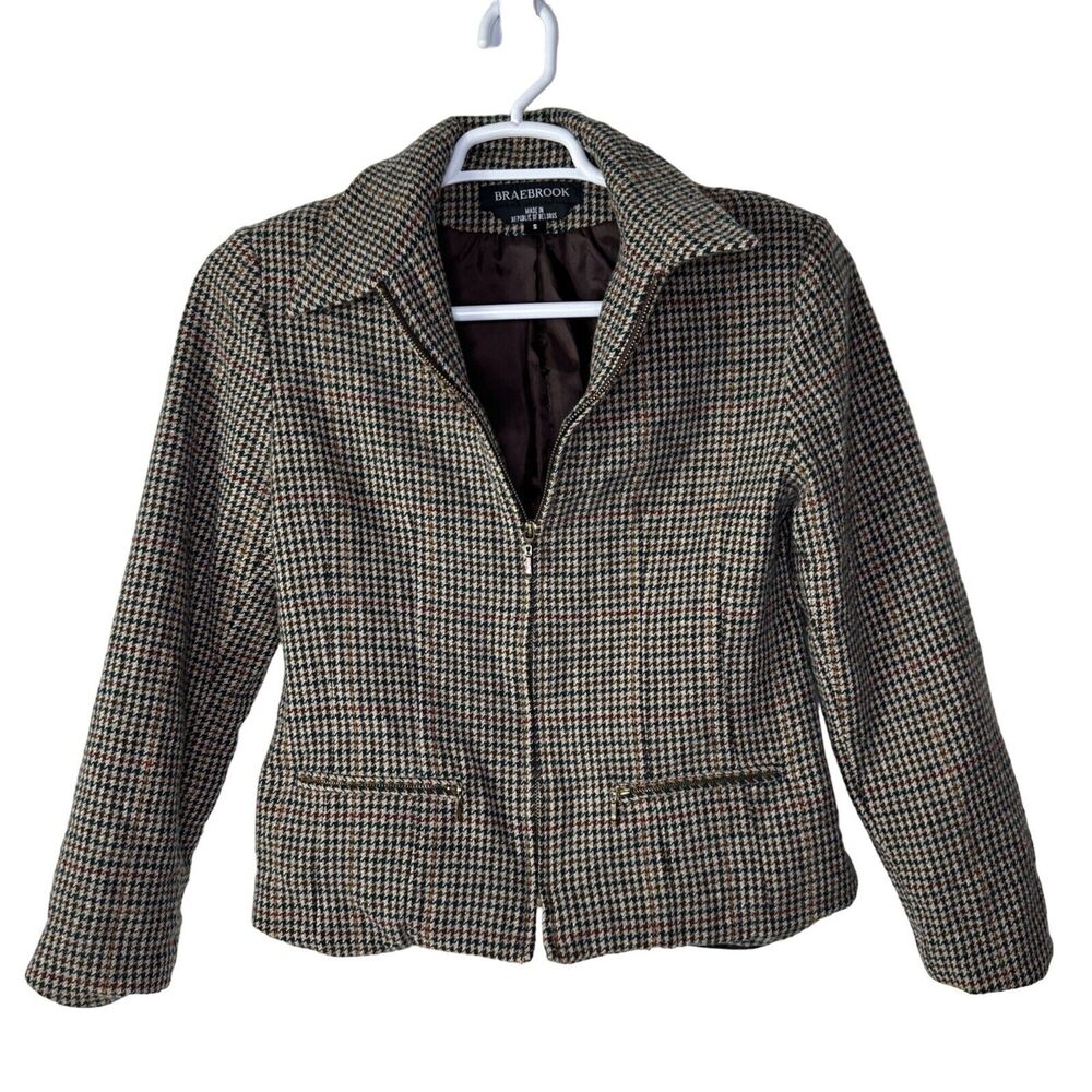 VTG Braebrook Women's Small Jacket 100% Wool Tan‎ Tweed Full Zip Houndstooth 80s